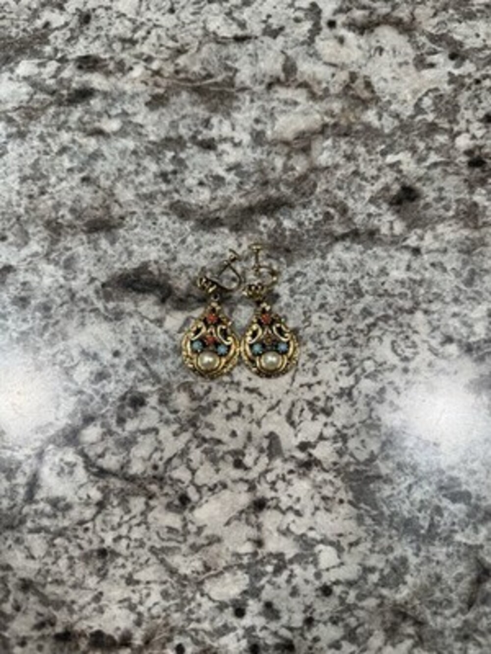 Vintage Gold Filigree Screw-Back Earrings w/ Faux Pearl & Turquoise Accents